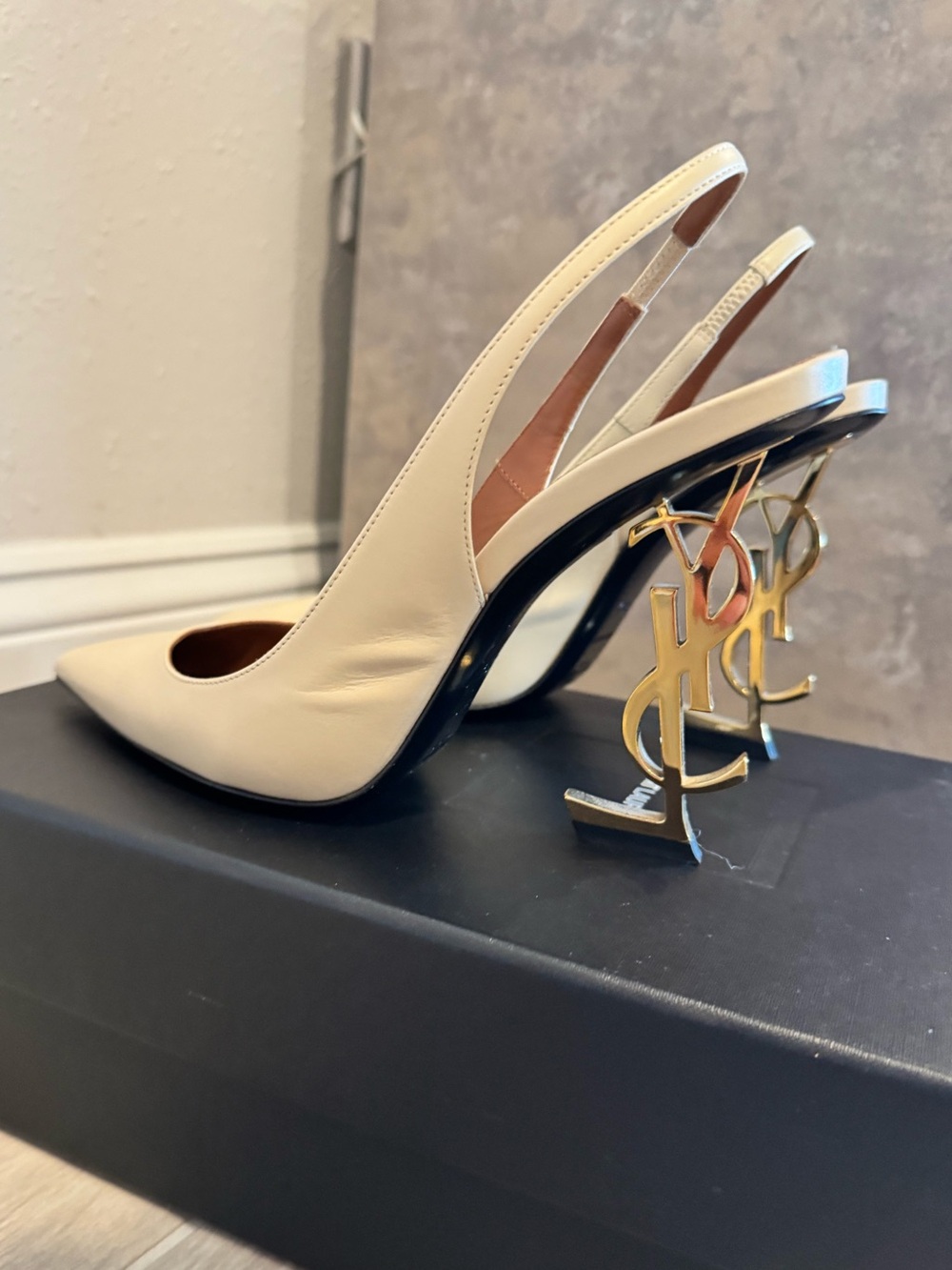 Saint Laurent YSL Opyum 100mm Ivory Slingback Pumps YSL Logo Heel - Picture 5 of 14
